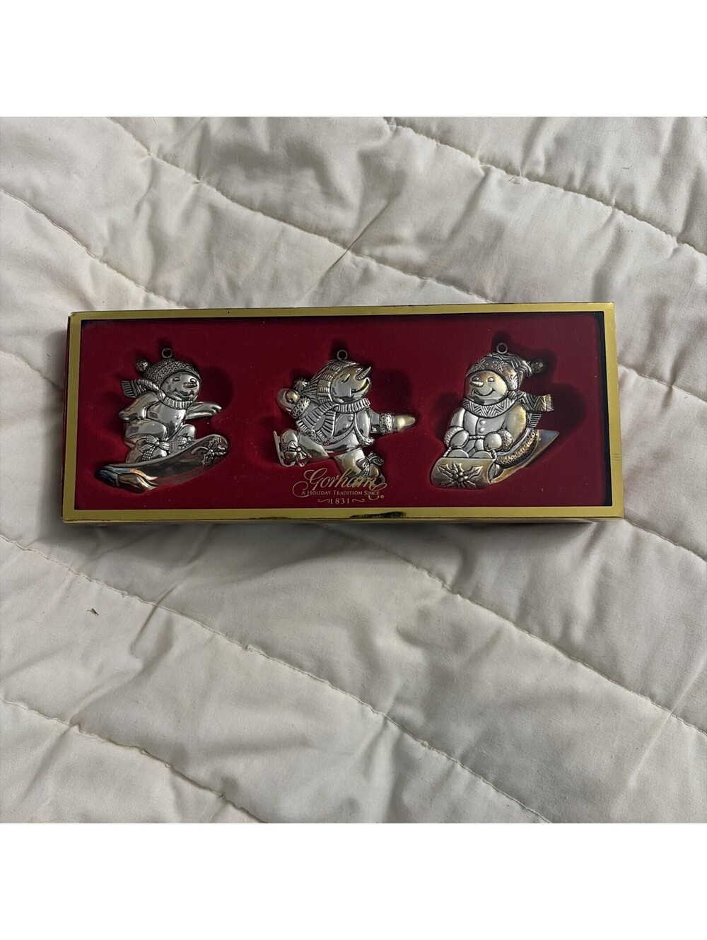 Gorham Nickel-plated Christmas Ornament Set of 3 Snowman Theme MIB